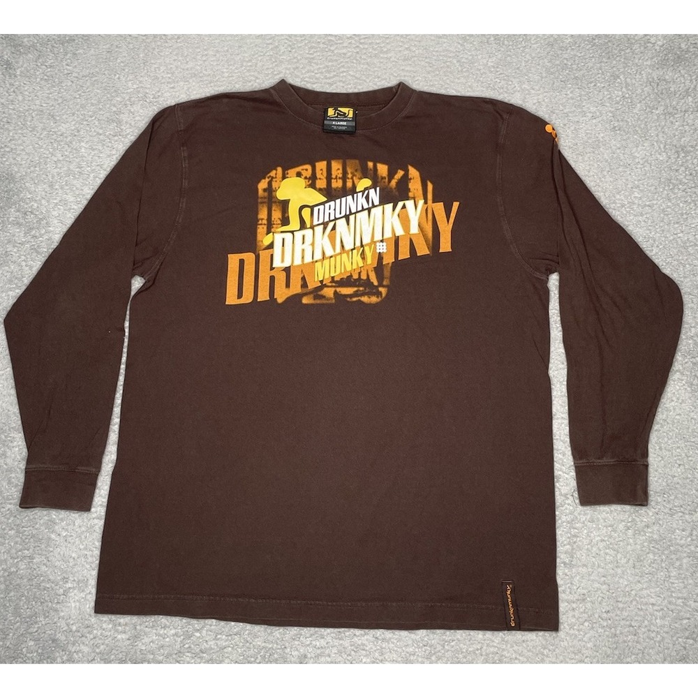 Vintage Drunknmunky Shirt Mens XL Brown Logo Spellout Long Sleeve‎ Pullover